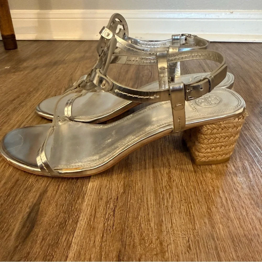 Tory Burch Women's Miller Silver Metallic Espadrille Block Heel Sandals Size 9